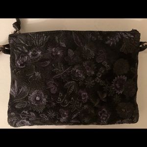 Lucky Black Suede/Cloth Embroidered Shoulder Bag